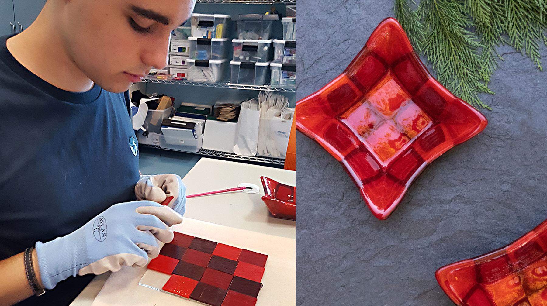 collage of Artisan making fused glass bowl