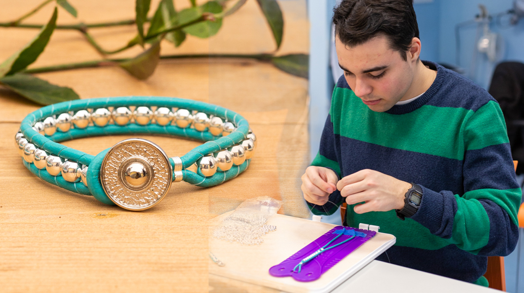 Collage of beaded bracelet and artisan at work